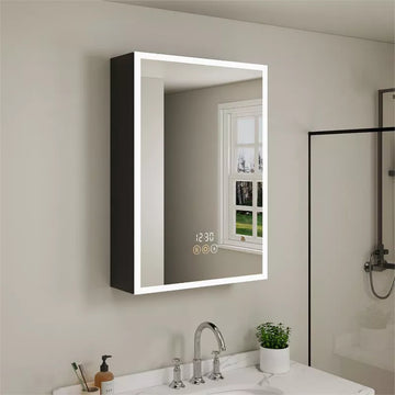 HBEZON Medicine Cabinet with Mirrors and Lights, Recess/Wall Mount Bathroom Cabinet, 3 Mode Light, Dimmable, Sensor Light, Defogger, Clock Temp, Black
