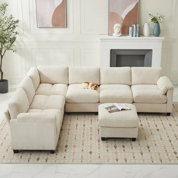 Hyleory 115  Corduroy Oversized Modular Sectional Sofa, U Shaped Couch with Movable Ottoman, Large 7 Seater Corner Sofa for Living Room