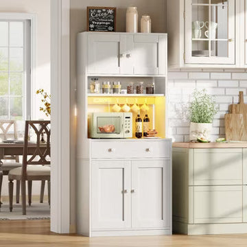 Qwatto 71'' Tall White Farmhouse Kitchen Pantry Storage Cabinet Freestanding Microwave Stand with Hutch Doors Drawers for Dining Room Furniture
