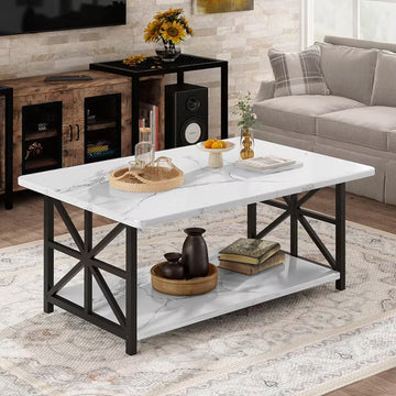 Hooseng Coffee Table for Living Room with Round Corners, 2 Tier Rectangular Center Table with Storage Shelf for Small Spaces