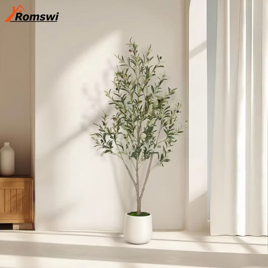 Romswi Faux Olive Tree with Oval White Planter, 5 FT Tall Faux Olive Trees, with Natural Wood Trunk Lifelike Fruits, Fake Greenry Plant for Home Decor