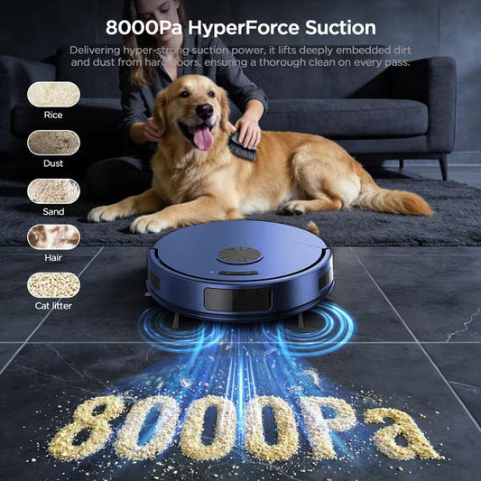 Teendow Robot Vacuum and Mop Combo, 8000Pa Suction, 2 in 1 Vacuum Robot with Wi-Fi/App/Remote, Self-Charging, Ideal for Hard Floor, Pet Hair