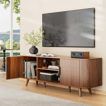 Qwatto Curved Edge TV Stand Walnut Finish Media Console for 65 Inch TV Modern Fluted Door Credenza with Storage Mid Century Living Room Furniture