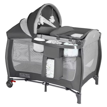 Kinder King 4-in-1 Portable Pack 'n Play with Bassinet, Changing Table, Adjustable Canopy, Storage Basket & Travel Bag – Infant to Toddler Playard