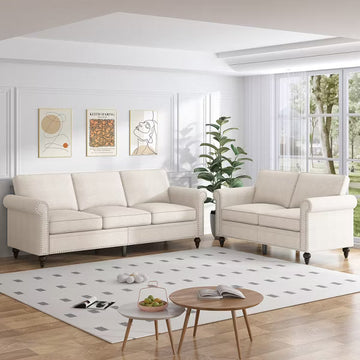 Mjkone 2 Piece Living Room Sofa Set with Rivet Design,Linen Fabric W76''3-Seater Sofa Couch with W53''Loveseat Sofa-Beige