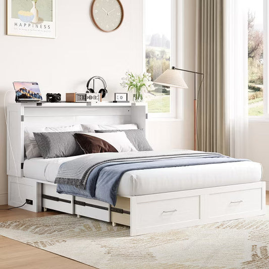 Murphy Bed Cabinet with Foldable Mattress, Queen Murphy Bed with Charging Station, Drawers-White