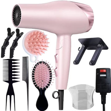 Morfone Pink 9-piece foldable hair dryer set. Portable hair styling tool for home, travel or business trips. Can be used as a gift set.