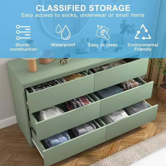 Resenkos Modern Mid Century 6 Drawer Wide Dressers Chests for Bedroom, Chest of Drawer Organizer
