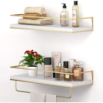 Set of 2 White Floating Shelves with Golden Towel Rack, Wall Mount Decorative Storage Shelves for Bathroom Kitchen