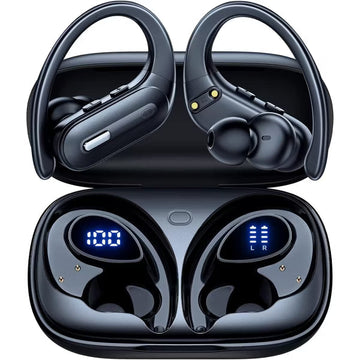 Active Noise Cancelling Wireless Earbuds Bluetooth Headphones 90 Hrs Playtime Ear Buds with Power Display Over-Ear Earphones with Earhooks IPX7 Black