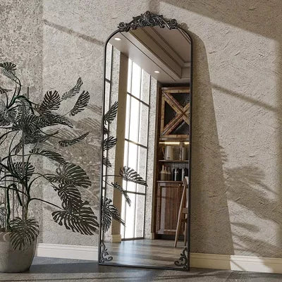 Vintage Arch Full-Length Mirror with Flower Decor, 21"×64" Alloy Frame , HD Reflection-Retro Artistic Design for Living Room & Bedroom