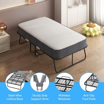 Mjkone Folding Bed with 5''Mattress,Portable Guest Bed Camping Cot,Soft Padded Rollaway Sleeping Bed-75x51''Twin