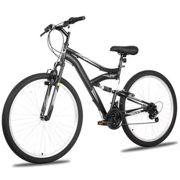 Hykolity 27.5-Inch Mountain Bike, Adult Bicycle Man Woman, Steel Full Suspension, 18-Speed, Adjustable Saddle, Linear Pull Brakes, Alloy Rims, Black