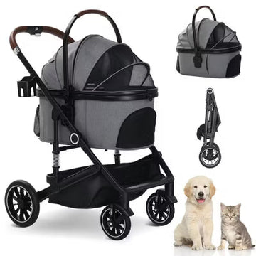 TODECARE 3-in-1 Folding Pet Stroller for Small to Medium Dogs and Cats up to 50 lbs with Storage Basket, Black
