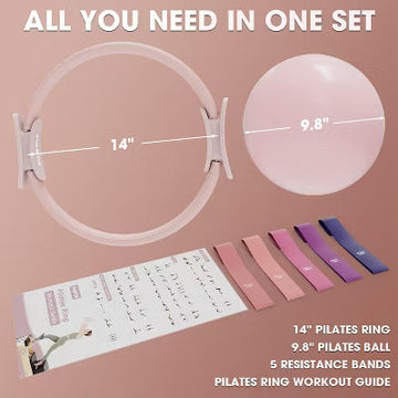 PAETA Pilates Ring Set ¨C 14¡± Magic Circle (38 lbs Resistance), 9.8¡± Pilates Ball, 5 Resistance Bands, and Exercise Guide