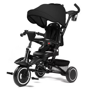 Kinder King 7-in-1 Kids Tricycle with Canopy, Adjustable Push Handle, One-Touch Brake, Lockable Front Wheel, All-Terrain Tires & Storage, Black
