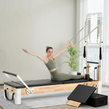PAETA Pilates Reformer, Wooden Pilates Machine with Tower & Mat, for Home and Studio, Includes Sitting Box and Jumpboard