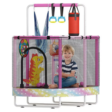 Hooseng 60" Oval Trampoline for Kids, 5 FT Indoor & Outdoor Toddler Trampoline with Safety Enclosure, Adjustable Gymnastics Bar, Swing & Toys