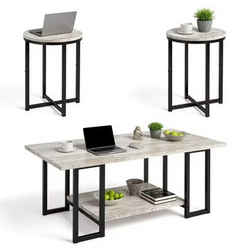 Hooseng 3 PCS Coffee Table Set Rectangle Coffee Table and 2 PCS Round End Tables Metal Frame and Particle Board Tabletop
