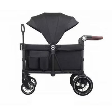 Kinder King All-Terrain Wagon Stroller for 2 Kids with Canopy, Shock-Absorbing Wheels, Leather Handle, Snack Tray & Storage, Black