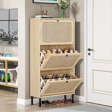 Hooseng Boho Style 3 Rattan Drawers Shoe Storage Cabinet With MDF Frame And Metal Legs, Freestanding Shoe Storage Unit Organizer With Adjustable Panel