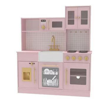 Kinder King Wooden Kids Play Kitchen, Toy Kitchen Playset for Toddler, Pretend Oven, Microwave, Realistic Kitchen Sets for Boys Girls Age 3+, Pink