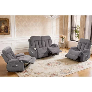 Bosmiller Manual Recliner Sofa Set, 3 Piece Reclining Living Room Furniture Sets with Cup Holder for Home Theater, Office (Grey, Loveseat+Chair+Chair)