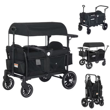 Kinder King 2-Seat Wagon Stroller, All-Terrain Foldable Stroller Wagon for Toddlers with Canopy, Snack Tray & Push/Pull Bar