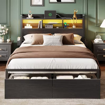 Qwatto Black Metal Queen Bed Frame With 2 Storage Drawers Wood Headboard Shelf LED Lights Charging Station Platform No Box Spring Needed Bedroom USB