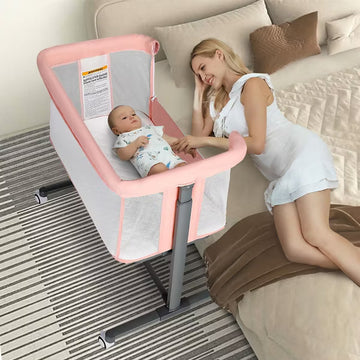 Kinder King Baby Folding Bassinet w/Wheels,Portable Newborn Bedside Sleeper All-Sided Mesh Infant Crib Removable Soft Mattress