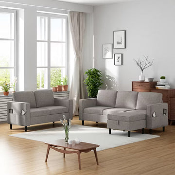 Mjkone 3PCS Convertible Sectional Sofa Set, Linen 3-Seater Sofa & Loveseat Couch with Side Pocket, Storage Ottoman-Light Grey