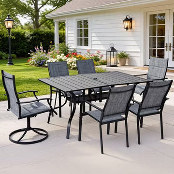 BOSMILLER 7-Piece Outdoor Dining Set with 2 Swivel & 4 Regular Textilene Chairs, Rectangular Table for Garden, Backyard, Poolside, Deck - Grey