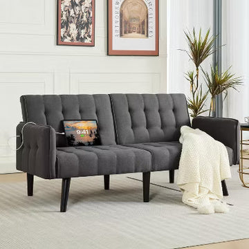 65" Convertible Faux Leather Futon Sofa Bed, Modern Upholstered Couch with USB, Folding Loveseat for Small Space, Apartment, Dorm, Office