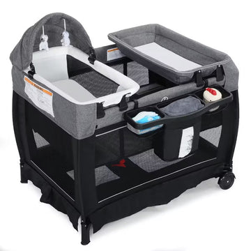Kinder King 4-in-1 Convertible Baby Playard with Bassinet, Diaper Changer, Cradle&Bedside Sleeper, Breathable Mesh, Storage Organizer&Lockable Wheels