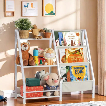 Unikito Kids Bookshelf, Book Shelf for Kids Rooms, 3 Tier Sling Bookcase Baby Toy Organizer Toddler Nursery Book Shelves, White, 32.7"x 11.8" x 28.9"