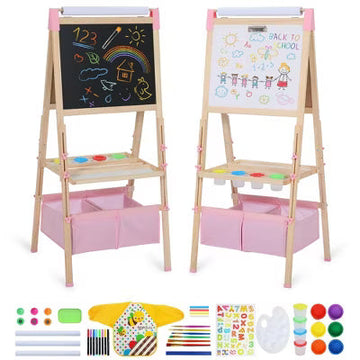 TODECARE Kids 3-in-1 Adjustable Kids Art Easel with Magnetic Whiteboard, Chalkboard, Paper Roll and Storage, Pink
