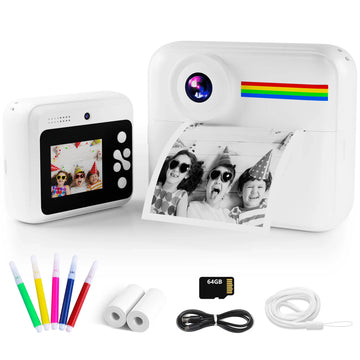 Pink Touch Kids Camera Instant Print, Dual Lens Children Selfie Camera, Christmas Birthday Gift Toy for Boys and Girls, Portable Travel Camera Toy, HD 1080P Kids Camera with SD Card - White