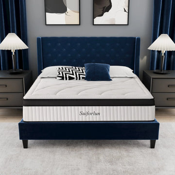Queen Size Mattress, 14 Inch Bamboo Foam Mattress in a Box with 7 Premium Layers, Medium Firm Gel Hybrid Mattress with Pressure Relief and Support for Cool Night, CertiPUR-US Certified