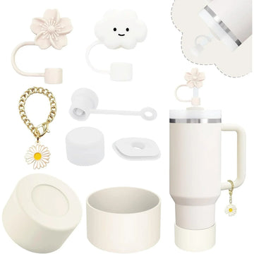 Spill Proof Stopper and Cup Accessories for Stanley, Silicone Straw Cover Cap Straw Toppers Flower Charm Cup Boots Fits Stanley 40 30 Oz Tumbler, White