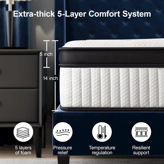 Queen Size Mattress, 14 Inch Bamboo Foam Mattress in a Box with 7 Premium Layers, Medium Firm Gel Hybrid Mattress with Pressure Relief and Support for Cool Night, CertiPUR-US Certified