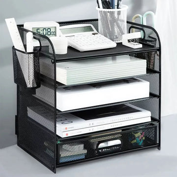 RELOIVE 5-Tier Desk Organizer with File Holder Drawer Pen Holders - Mesh Desktop Storage for Office Supplies and Magazines