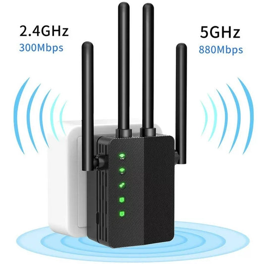 WiFi Range Extender, 1200Mbps Signal Booster Repeater Cover up to 2500 Sq.ft, 2.4 & 5GHz Dual Band WiFi Extender, 4 Antennas 360° Full Coverage Wireless Internet Amplifier for Smart Home Devices
