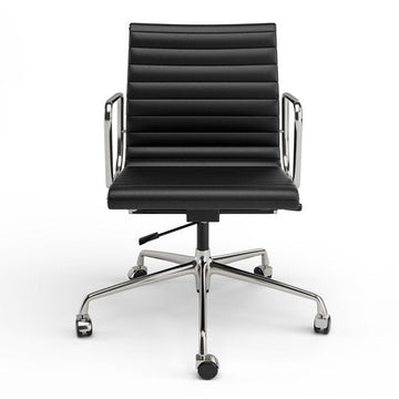 Ribbed Genuine Leather Office Chair, Mid Back, Adjustable Ergonomic Computer Chair for Home Office Use, Black