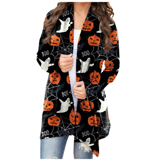 Apepal Women's Halloween Animal Cat Print Long Sleeve Cardigan Jacket Black M