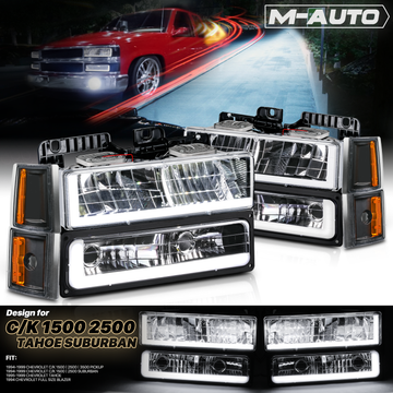8pcs Headlights w/LED DRL Strip (Black)<br>94-00 GMC C/K C10 Pickup, Suburban