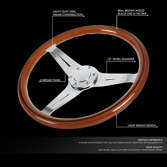 15 in. Vintage Style 2 in. Deep Dish Stainless Steel Spokes Wood Grain Steering Wheel