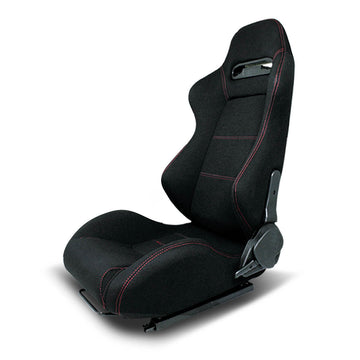 Left / Driver Side Reclinable Red Stitch Woven Upholstery Cloth Racing Seat w/Universal Slider