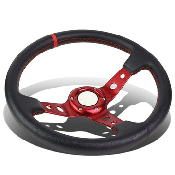 350mm Aluminum 3 in. Deep Dish Spoke Leather Grip Steering Wheel w/Center Marker