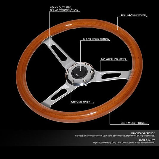 14 in. Vintage Style Wood Grain Steering Wheel - Stainless Steel Spokes