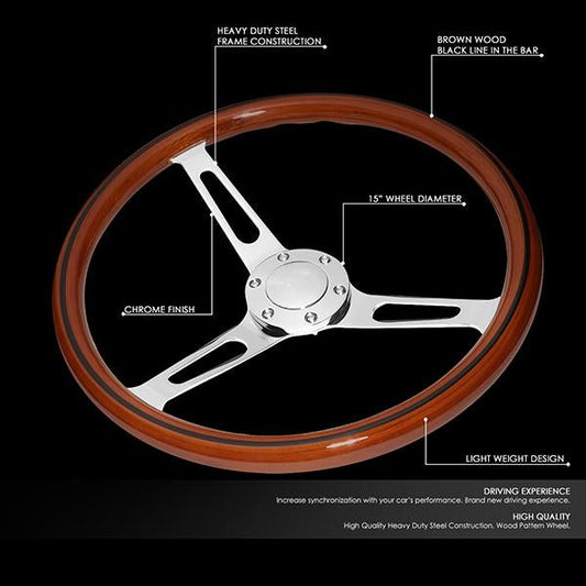 15 in. Vintage Style Wood Grain Steering Wheel - Stainless Steel Spokes
